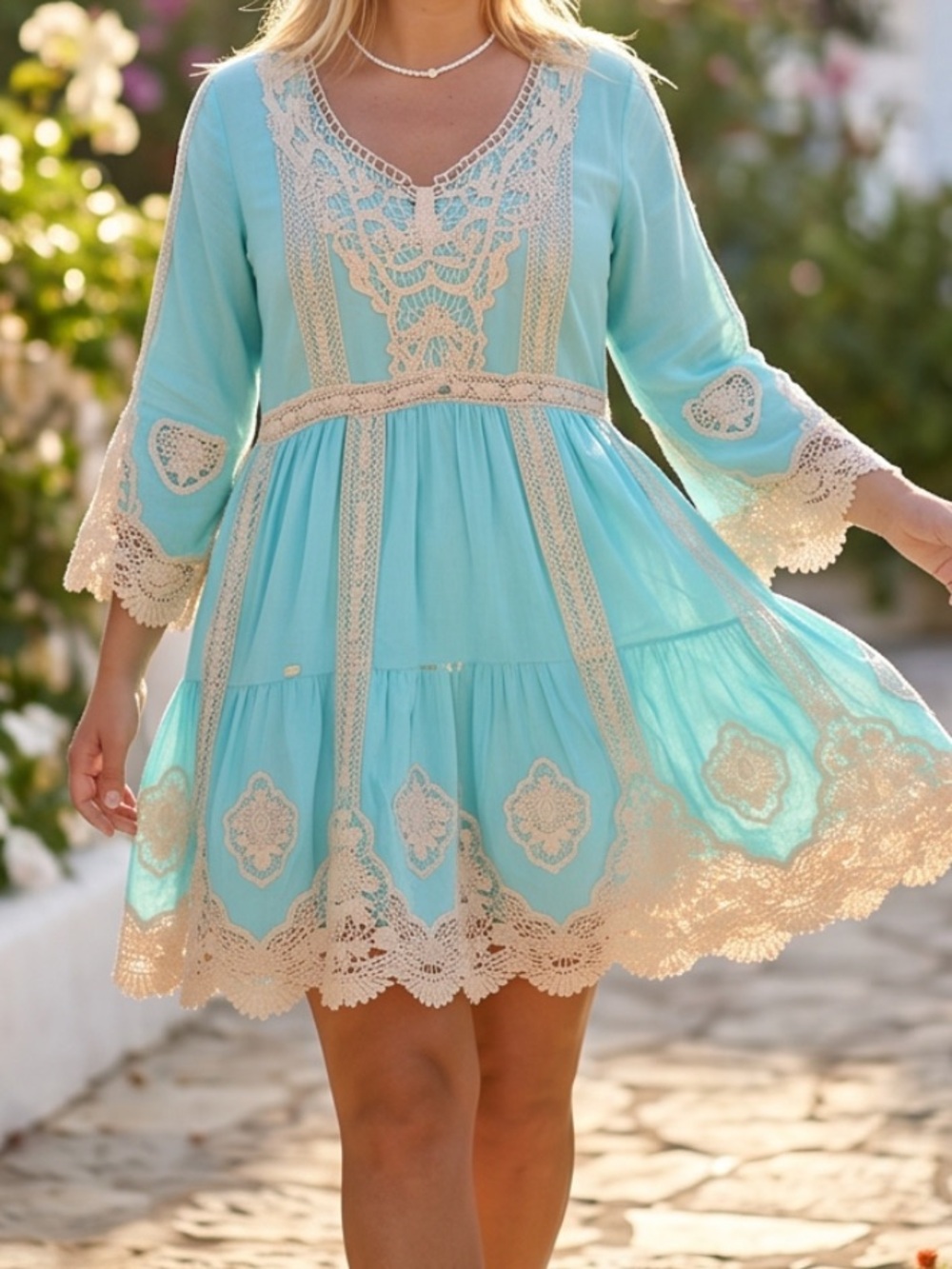Turquoise Lace-Trim Midi Dress - Women